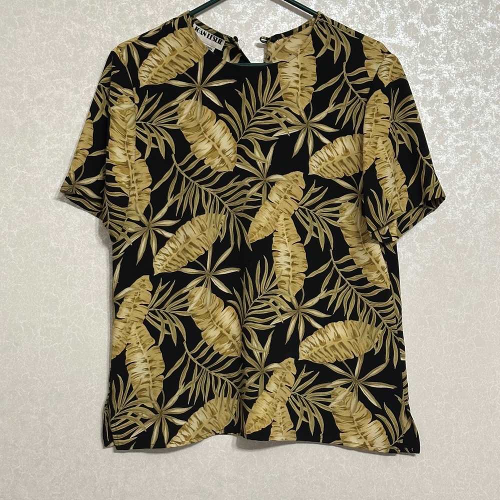 Joan Leslie Vintage Black Tropical Palm Leaf Print Short Sleeve Blouse Top Sz 10